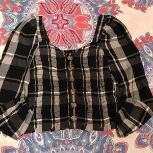 Black and white plaid smocked button up top